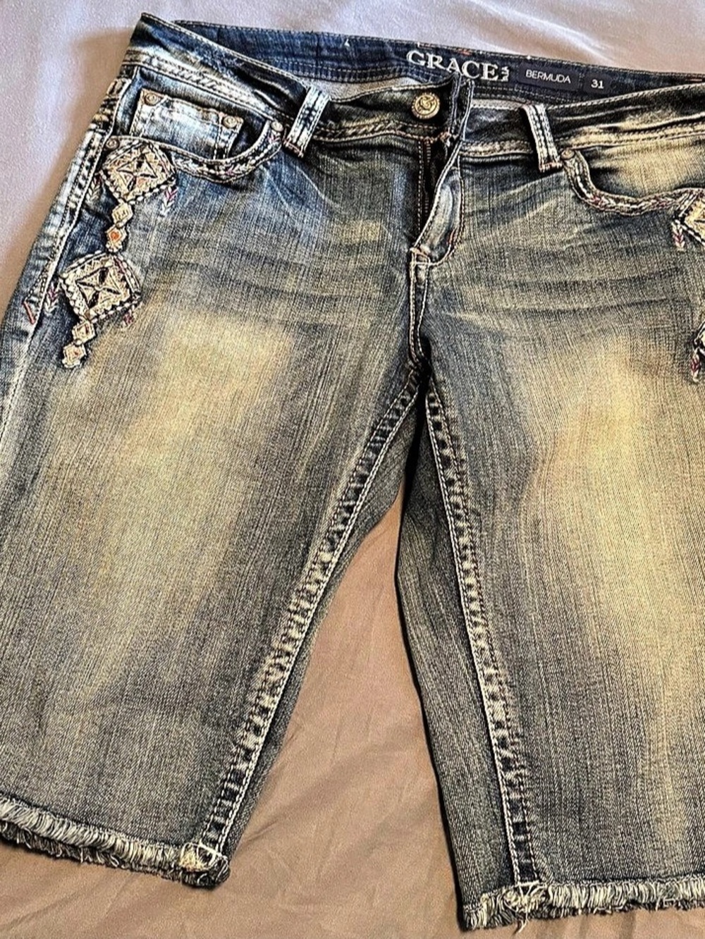 Grace in LA Bermuda Embellished Denim Shorts Waist 31